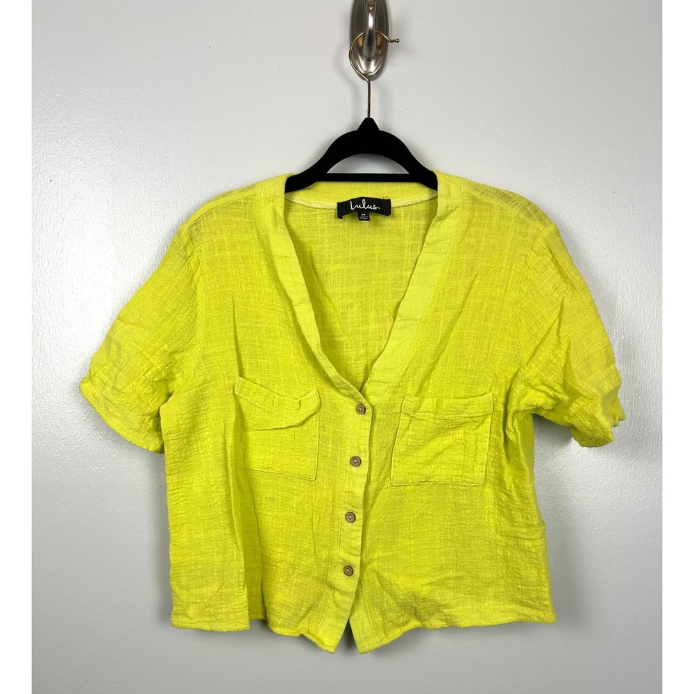 Lulus Linen Cotton Cropped‎ Button Up Top Medium Short Sleeve Lime Green Gauze